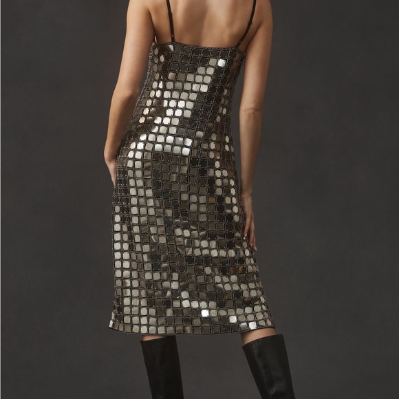 NWT Let Me Be Anthropologie Silver Sequin Sheath Dress Spaghetti Strap Midi - M - Picture 2 of 7